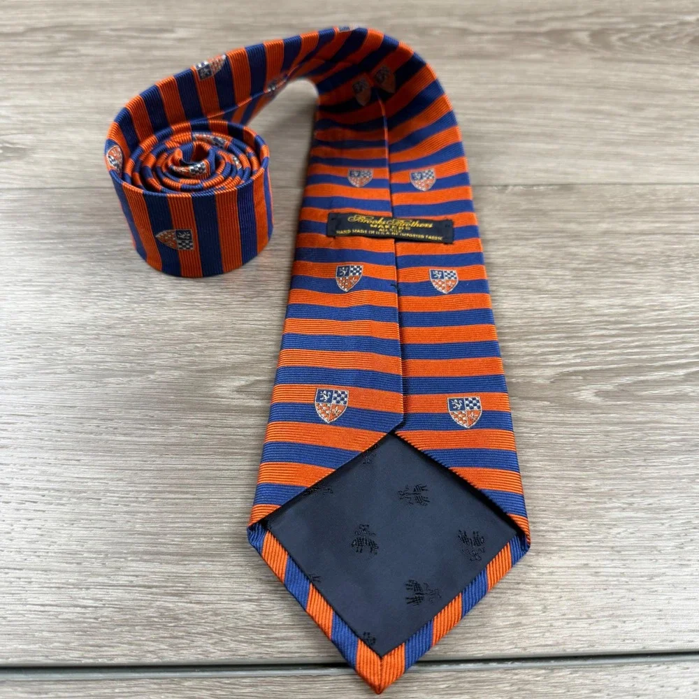Brooks Brothers Mens Necktie Silk Striped Crest Orange Blue 3.75in OS